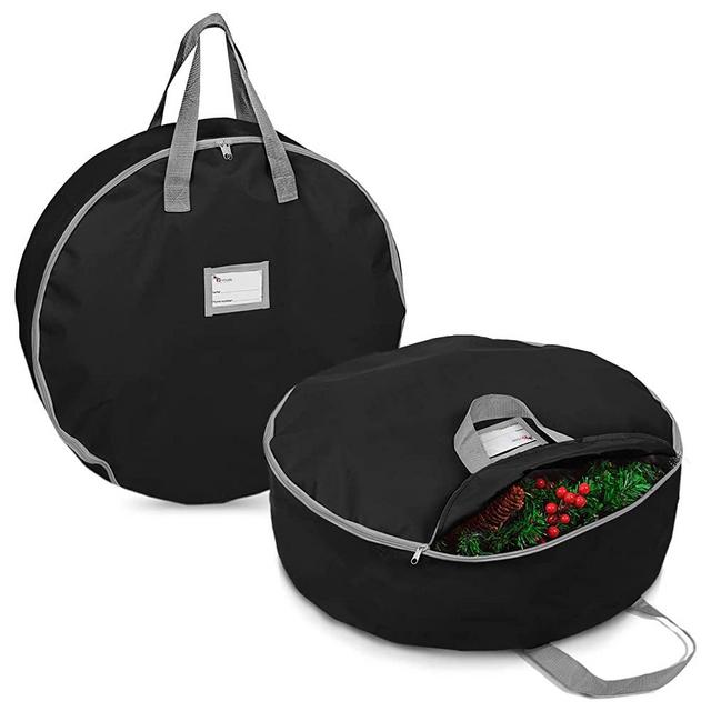 Primode Christmas Wreath Storage Bag - 2 Pack Artificial Wreath Container - Garland Holiday Xmas Wreaths Holder - Sturdy Handles - Inner Straps - Card Slot Dual Zipper Strong Oxford (30 Inch, Black)