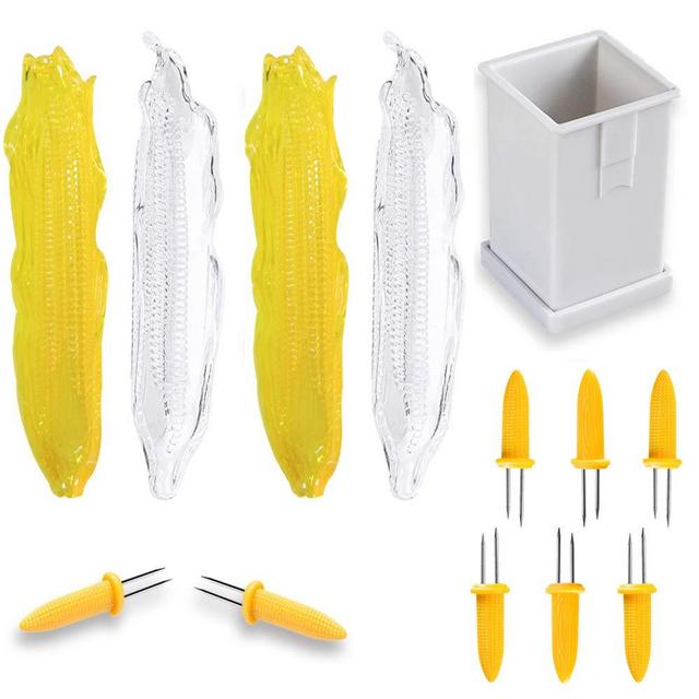 Corn Cob Holders and Dishes Set - Includes 8 Jumbo Corn Cob Holders with Comfort Grip Handles, 4 Trays and 1 Butter Spreader,Dishwasher Safe