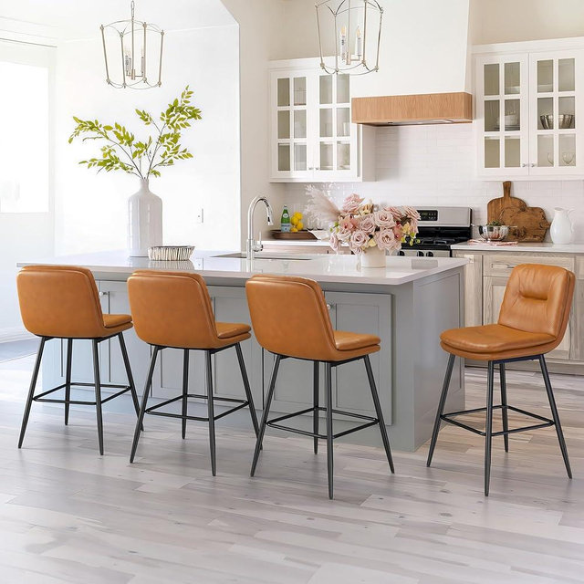 Cozyman Double-Layer Upholstered Bar Stools Set of 4, 24 Inch Counter Height Bar Stools for Kitchen Island, Armless Faux Leather Barstools Chairs with Back and Footrest, Whiskey Brown