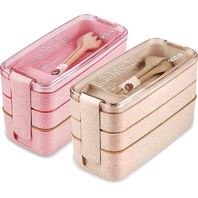 Iteryn Lunch Box Bento Box ,3-In-1 Compartment - Wheat Straw, Leakproof Eco-Friendly Bento Lunch Box Meal Prep Containers for Kids & Adults (Beige&Pink)