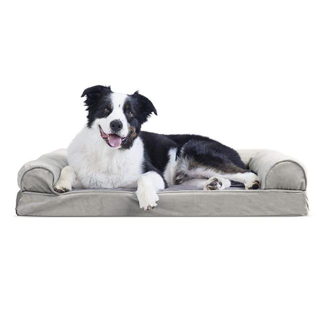 Furhaven Pet Bed for Dogs and Cats - Faux Fur and Velvet Sofa-Style Cooling Gel Foam Dog Bed, Removable Machine Washable Cover - Smoke Gray, Large