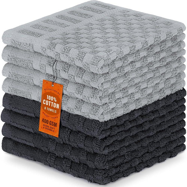 DecorRack 8 Pack 100% Cotton Wash Cloth, Luxurious Soft, 12 x 12 inch Ultra Absorbent Jacquard Towels, Machine Washable Washcloths, Gray Set (8 Pack)