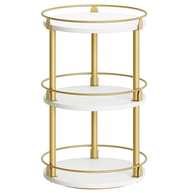 YATINEY 3-Tier Lazy Susan Organizer, Rotating Spice Rack, Spinning Organizer, Industrial Turntable Spice Rack Organizer for Cabinet, Kitchen Countertop, Pantry, White and Gold SR23DW