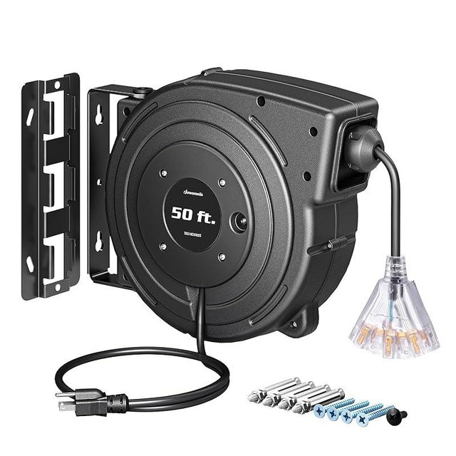 DEWENWILS Retractable Extension Cord Reel, 50FT Heavy Duty Power Cord, 14/3AWG SJTOW, Lighted Triple Tap Outlets, 13 Amp Circuit Breaker, Ceiling/Wall Mount, UL Listed