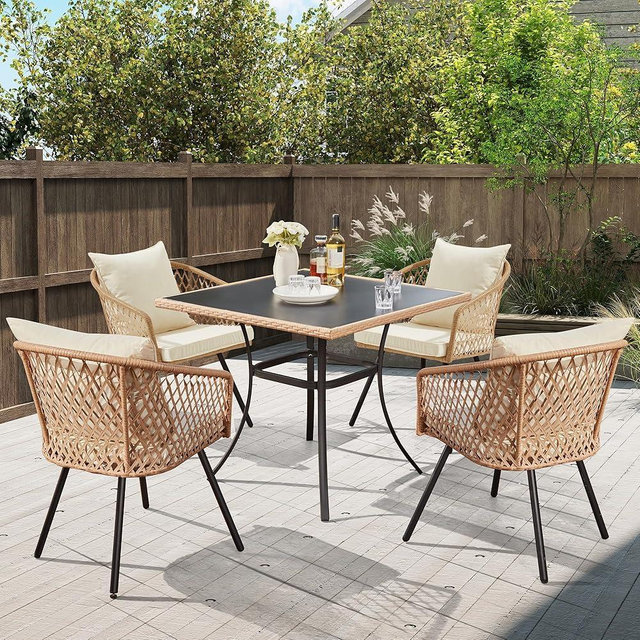 ECOTOUGE 5-Piece Outdoor Dining Table Chair Set, All-Weather Wicker Dining Set for 4, 4 Cushioned Chairs & Glass Table for Garden, Deck, Backyard(Yellow/White)