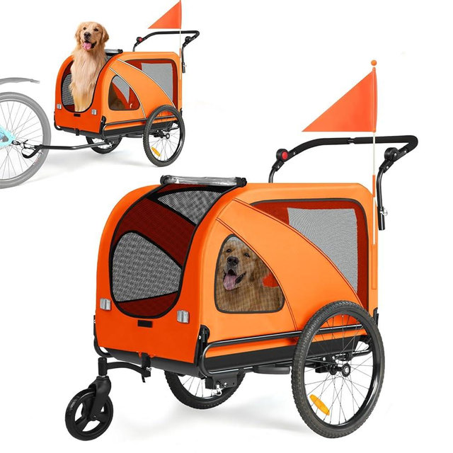 Sepnine Dog Bike Trailer, Supports up to 110 lbs, 2-in-1 Pet Stroller Cart Bicycle Carrier, Easy Folding Cart Frame with Quick Release Wheels, Universal Bicycle Coupler, Non-Slip Floor, Internal Leash