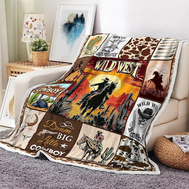 Western Cowboy Boho Beige Throw Blanket, Bohemian Geometric Southwestern Bull Skull Throw Blanket for Bed, Couch, Native Aztec Tribal Cactus Vintage Wild West Farmhouse Travel Camping Blanket, 60X70in