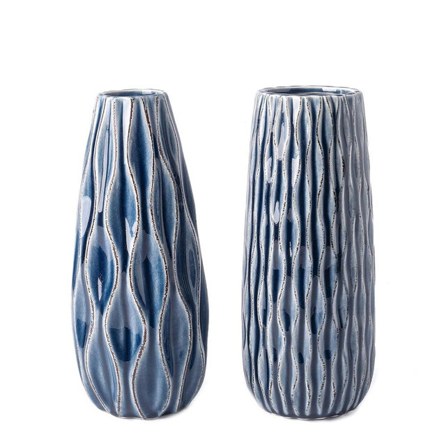 VICTOR & TERESA Ceramic Vase for Flowers, 8'' Set of 2 Decorative Vintage Blue Vases for Home Decor, Farmhouse Vases for Pampas Grass, Table, Mantel, Living Room, Shelf, Centerpieces, Gifts for Mom