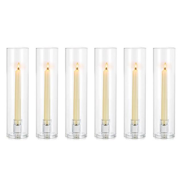 NUPTIO Candle Stick Candle Holder: Clear Glass Hurricane Candle Holders for Taper Candles 6 Pcs Modern Candle Stand with Chimney Cover 11.8 inch Long Candlestick Holder for Wedding Party Home Decor