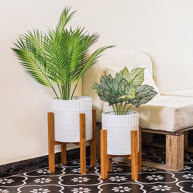 Chonsun Plant Pot with Stand, Set of 2 Planter with Stand White Planters for Indoor Mid Century Modern Planters with Drainage Plant Pot with Stand for Indoor and Outdoor Plants, 8 inch & 10 inch