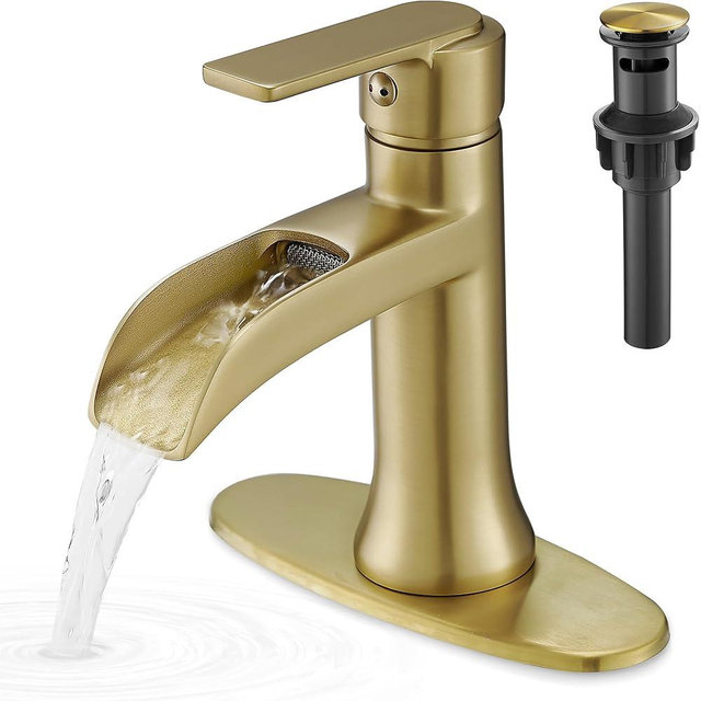 HOIGY Brushed Gold Waterfall Bathroom Faucet Single Handle, 4 Inch 1 or 3 Hole Brass Bathroom Sink Faucets with Pop-Up Drain & Deck Plate for Vanity, Restroom, RV, Modern, 5 Mins Quick Install