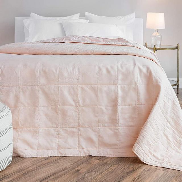 Welhome Relaxed Linen and Cotton Percale Quilt | Full/Queen Size | Rose Pink | 96" x 96" | Luxurious Supersoft Bedspread | Superior Comfort | Breathable | All Season | Machine Washable