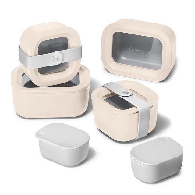 Caraway Mini Food Storage 11pc Set - Glass Storage Containers for Food - Non-Toxic Ceramic-Coated Glass - Air Release Technology - Compact & Stackable Design - Cream