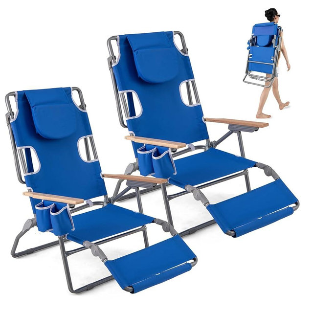 GYMAX Tanning Chairs, 3 in 1 Backpack Beach Lounger with Face/Arm Holes, Armrests, Cup Holders, 330 lbs Folding Portable Lounge Chairs for Outside, Patio, Poolside, Lawn (2,Navy)