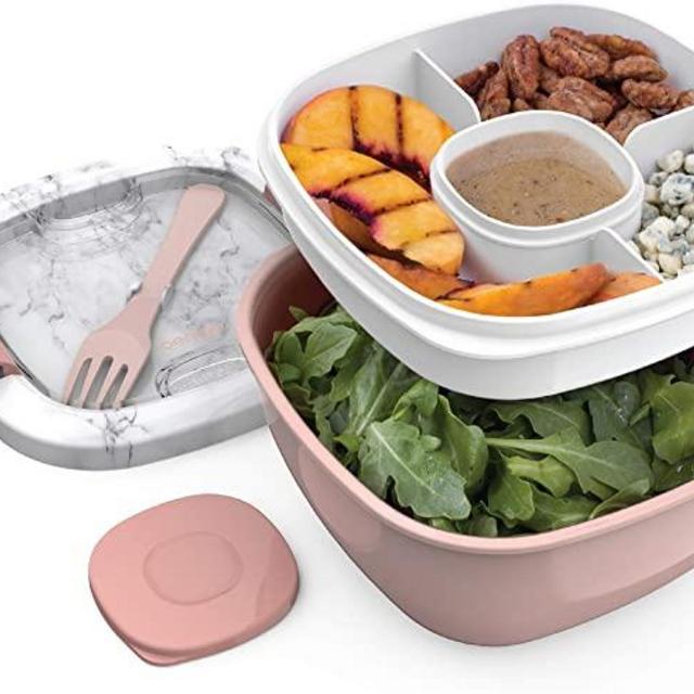 Bentgo Salad BPA-Free Lunch Container with Large 54-oz Bowl, 3-Compartment Bento-Style Tray for Salad Toppings and Snacks, 3-oz Sauce Container for Dressings, and Built-In Reusable Fork (Blush Marble)