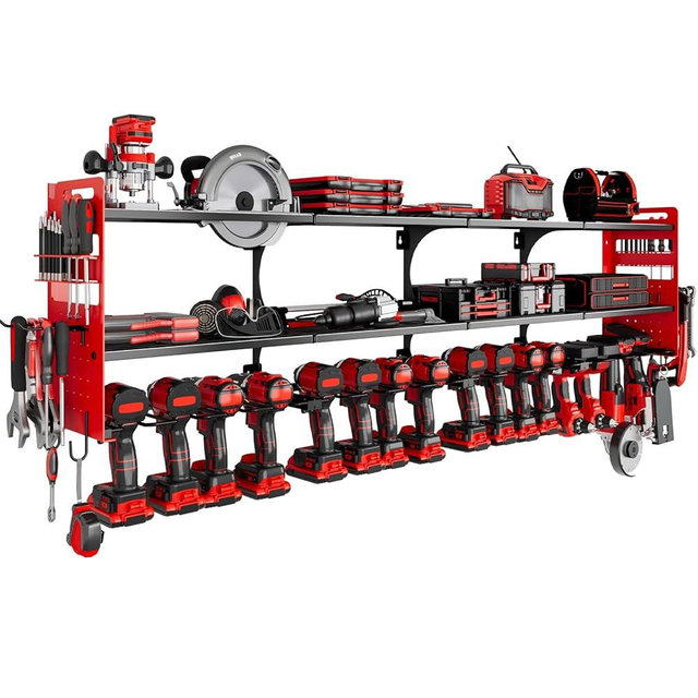 SEEAHEAD 64" Power Tool Organizer Wall Mount, 16 Slots, 3-Tier Drill & Cordless Tool Storage Holder with Pegboard Sides, Tool Wall Organizer for Garage & Workshop Red