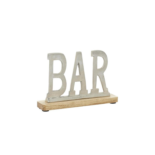 Deco 79 Aluminum Bar Decorative Sign with Wood Base, 10" x 2" x 6", Silver