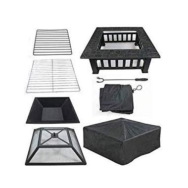LEMY 32 inch Outdoor Fire Pit Square Metal Firepit Backyard Patio Garden Stove Wood Burning BBQ Fire Pit W/Rain Cover, Faux-Stone Finish