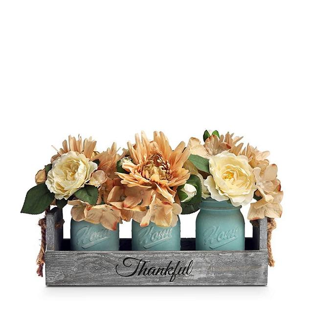 HOMKO Mason Jar Centerpiece Set with Artificial Flower, Kitchen Table Decor Centerpiece in Farmhouse Rustic Style for Flatware Organizer, Flower Arrangement, Garden Wedding (Blue, Large)