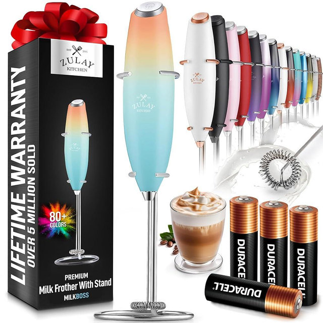Zulay Powerful Milk Frother (4 Duracell Batteries Included) - Handheld Milk Frother Wand Drink Mixer for Coffee - Powerful Milk Foamer for Cappuccino, Frappe, Matcha & Coffee Creamer - Sunrise