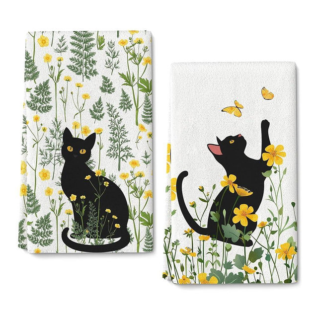 Oblivix Black Cat Kitchen Towels, Spring Plants Wildflower Herb Dish Towel, Botanic Tea & Hand Towel Cat Lovers & Plant Lovers Gifts for Women