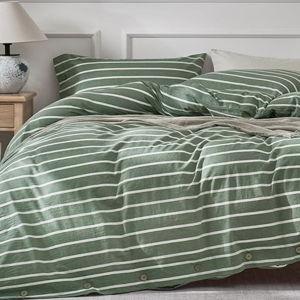 JELLYMONI Cotton Duvet Cover Oversized King - Green Striped Comforter Cover with Button 100% Washed Cotton 3PCS Breathable Soft Bedding Set Duvet Cover 120×98in & 2 Pillowcases (NO Comforter)