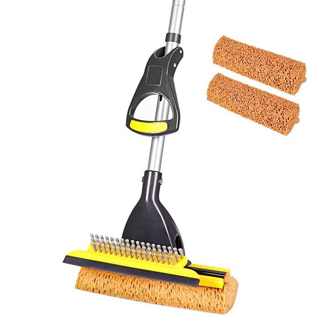 Yocada Sponge Mop Home Commercial Use Tile Floor Bathroom Garage Cleaning with Total 2 Sponge Heads Squeegee and Extendable Telescopic Long Handle 42.5-52 Inches Easily Dry Wringing