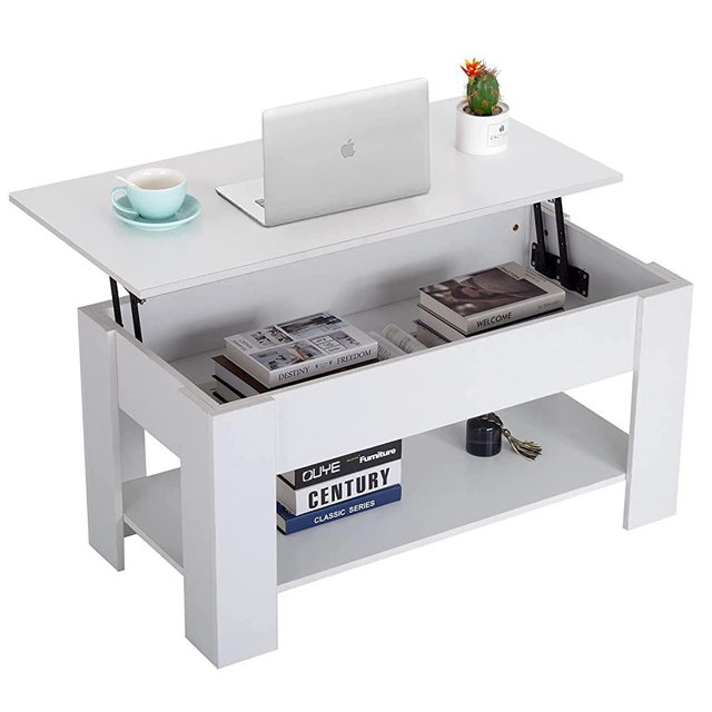 FDW Coffee Table with Lift Tabletop Hidden Compartment and Storage Shelf Wooden Lift Top Coffee Table for Home Reception Room Office,White