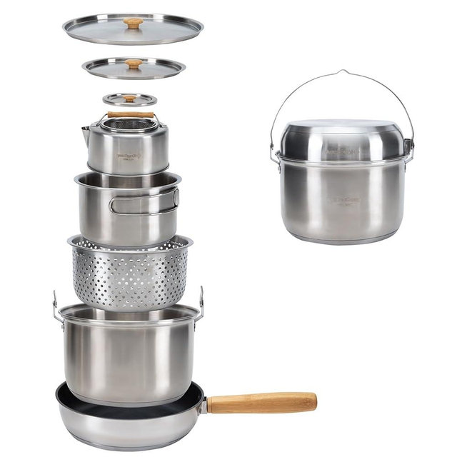 KingCamp Camping Cookware Set 304 Stainless Steel Campfire Cooking Pots Pan and Kettle with Travel Tote Bag for Camping Outdoor Kitchen Cooking Picnic for 4-6