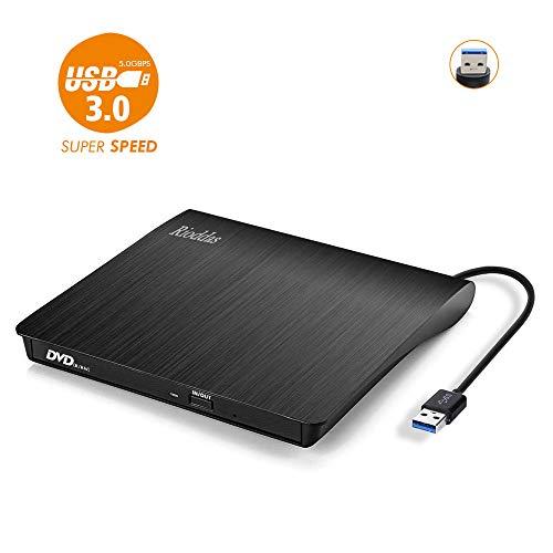 Rioddas External CD Drive, USB 3.0 Portable CD/DVD +/-RW Drive Slim DVD/CD ROM Rewriter Burner Compatible with Laptop Desktop PC Windows Linux OS Apple Mac(Black)