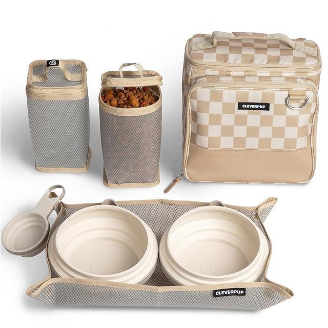 Cleverpup, Large 7-Piece Bistro Box Dog Food Travel Kit, 12-Cup Kibble Storage, 2 Silicone Bowls, Mat & Scoop - Premium Portable Pet Food Kit for Weekends, Overnights, Daycare & Camping, Checkerboard