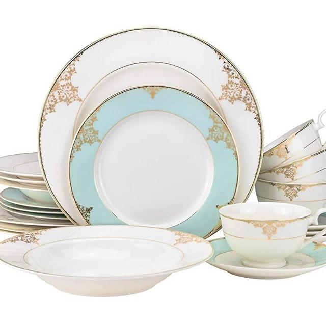 EURO Porcelain 20-pc. Dinner Set Service for 4, 24K Gold-plated Luxury Bone China Tableware ("Aegean Sea" 6414-20)
