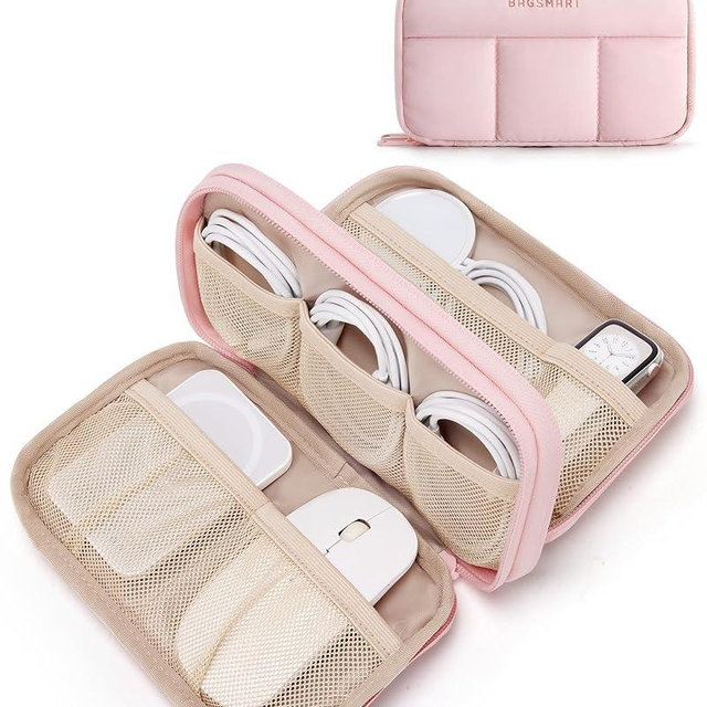 BAGSMART Electronics Organizer Travel Case, Cord Storage for Chargers Cables Phones, Compact Tech Accessories Pouch, Pink
