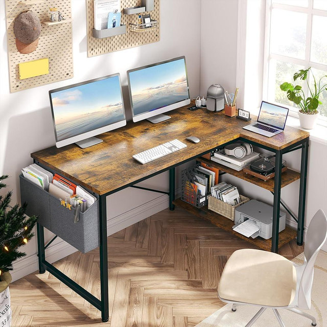 EnHomee 48" Small L Shaped Computer Desk with Power Outlets,Office Desk with Reversible Storage Shelves&Side Bag,Small Corner Desk for Working Space Home Office Bedroom,Study Writing Table,Brown