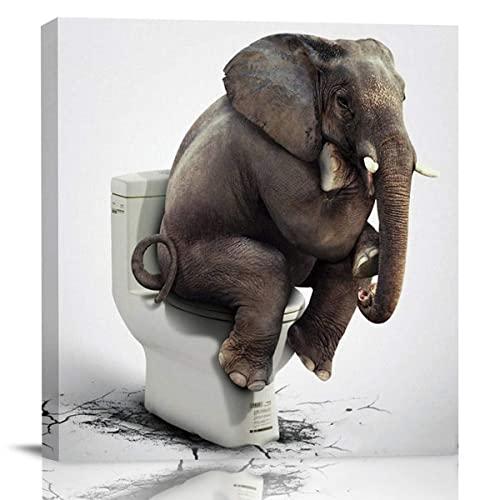 Chucoco Oil Paintings on Canvas Funny Elephant Sitting on the Toilet Abstract Wall Art Print with Framed Ready to Hang, Living Room Kitchen Bedroom Home Decorations 16x16 inch
