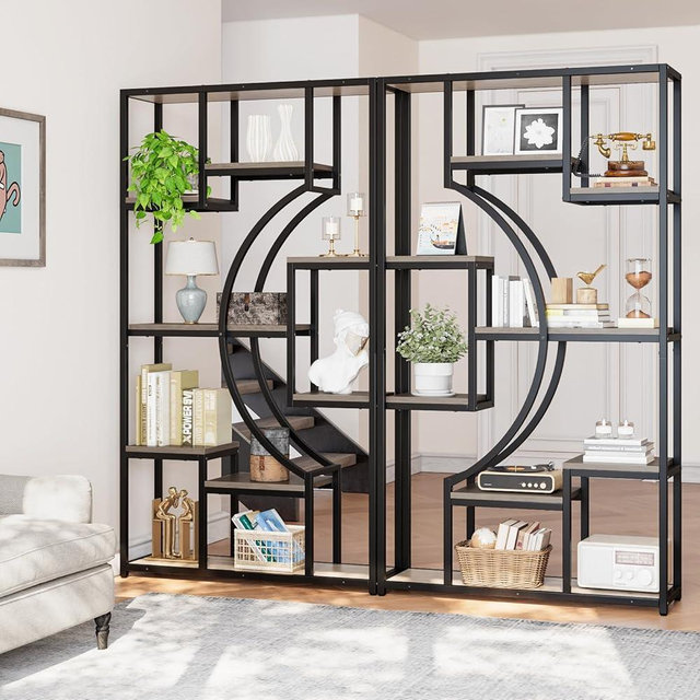 70.8 in Tall Book Shelf for Living Room, Set of 2 Display Shelves with 18 Open Storage Shelves, 79 in Wide Etagere Bookcase/Bookshelf with Metal Frame for Home Office, Gray Wash