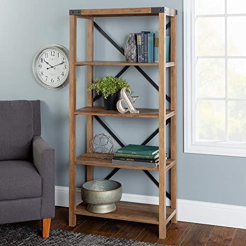 Walker Edison Furniture Company Modern Farmhouse Wood Bookcase Bookshelf Home Office Living Room Storage, 4 Shelf, Reclaimed Barnwood