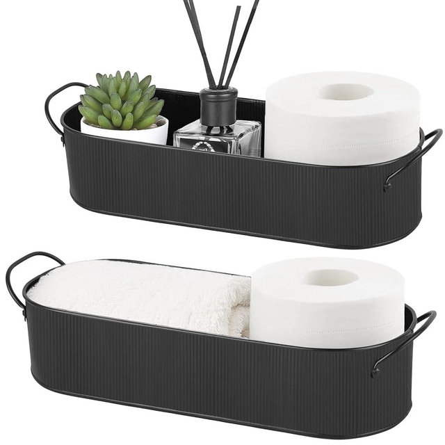 Mkono Metal Storage Basket for Toilet Tank Top Bathroom Decor, Galvanized Tray with Handle for Shelves, Farmhouse Toilet Paper Holder Organizing Bin Box for Countertop Living Room, Set of 2, Black