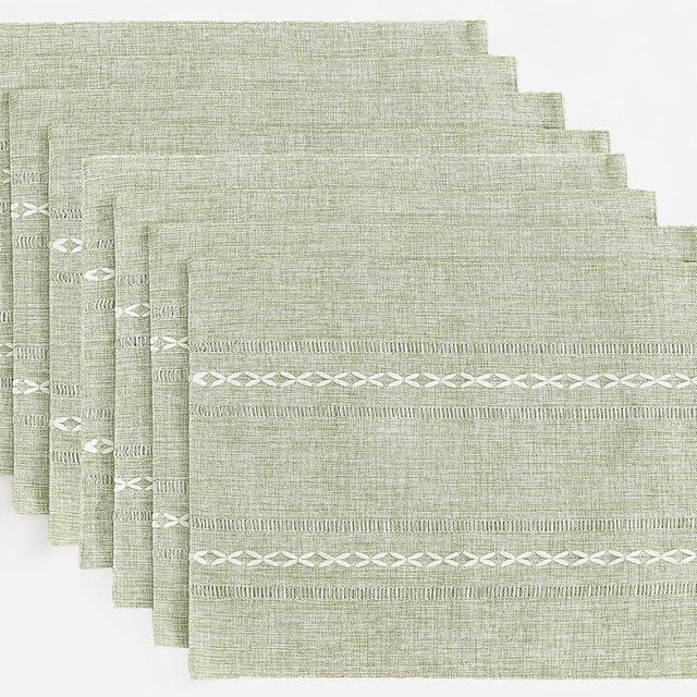 Wracra Cotton Linen Placemats, 14 x 19 Inch Set of 8 Placemats Rustic Hemstitch Place Mats for Kitchen Table and Heat Resistant-Hemstitch Sage Green