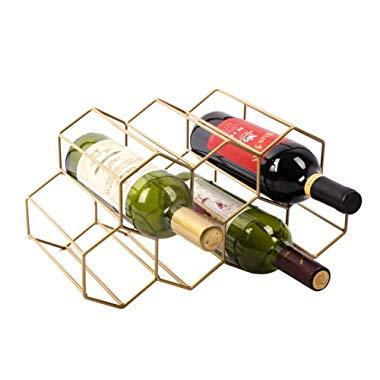 Urban Deco Wine Rack Freestanding Wine Racks Cabinets Bottle Holder Countertop Storage Metal Brushed Gold Geometric Design for Red White Wine (Gold Wine Rack)
