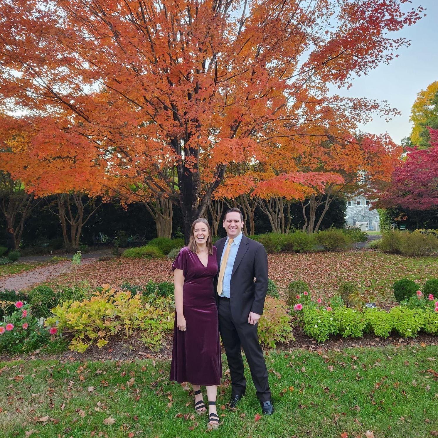 Couple photo outside the Bloemendaal House at the Lewis Ginter Botanical Gardens for Sam Jones' wedding, a groomsmen (October 2022).