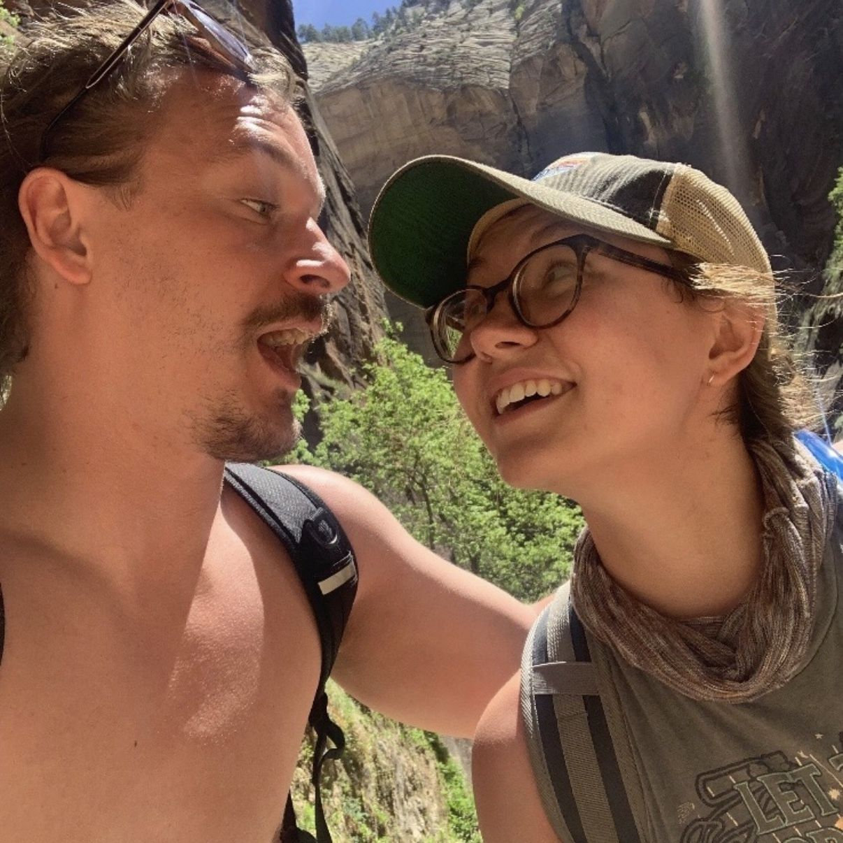 Our first trip together, where Andrew found the key that he proposed with. Zion National Park 2021.