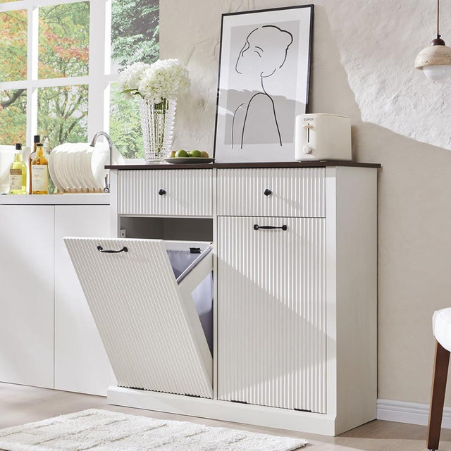 IFGET Modern Double Tilt-Out Trash Cabinet, 20 Gallon Fluted Laundry Hamper Cabinet w/2 Drawers, Wooden Hidden Garbage Can Cabinets with Storage Basket,Free Standing for Kitchen & Living Room, White