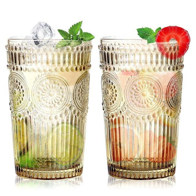Loivttvv 6pcs Vintage Drinking Glasses Set, 12 oz Tawny Highball Glasses, Embossed Ribbed Glassware Cups for Cocktail, Water, Juice, Coffee, Whiskey
