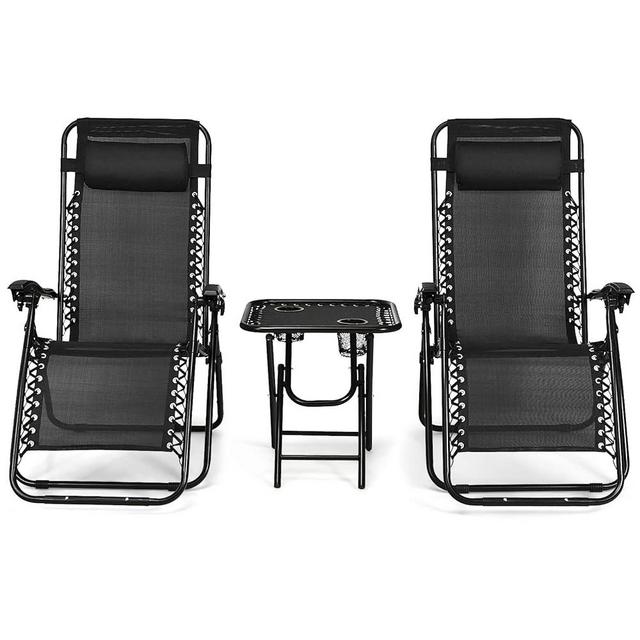 Tangkula 3 Pieces Outdoor Zero Gravity Chair Set, Folding Reclining Lounge Chair with Adjustable Backrest, Head Pillow, Matching Table with Cup Holder, Camping Recliner for Poolside, Yard (Black)