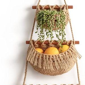 Hanging Fruit Basket, 3 Tier Over the Door Organizer, Handmade Woven Jute Wall Baskets for Organizing, BOHO Decor, Storage for Kitchen, Living & Bathroom Bedroom.