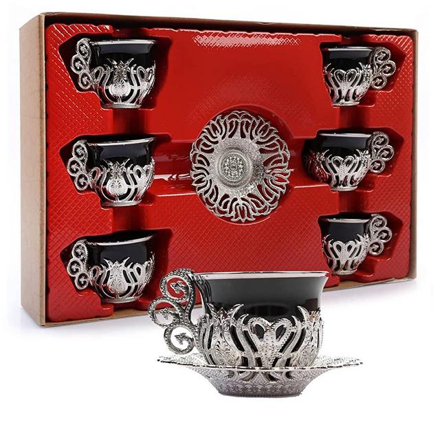 Alisveristime 12 Pc Turkish Greek Arabic Coffee Espresso Cup Saucer Porcelain Set (Black Silver)