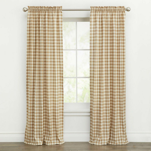 Kate Aurora Country Farmhouse Buffalo Check Plaid Gingham Single Window Curtain - 42 in. W x 84 in. L, Linen