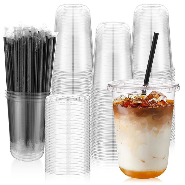 tchrules 100 Set 16oz Plastic Cups with Lids and Straws, Disposable Clear Iced Coffee Cup with Lid, Round Bottom Plastic To Go Cups for Cold Drinks Slushie Smoothie Lemonade Party Picnic Shop Supplies