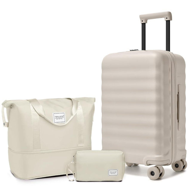 TRIPLAYER Luggage Sets 3 Piece, Carry On Luggage 22x14x9 Airline Approve PC Hardside Suitcase Set with Wheels TSA Lock, Durable Carry-On Suitcase with Duffel Bag for Women (Oysters)